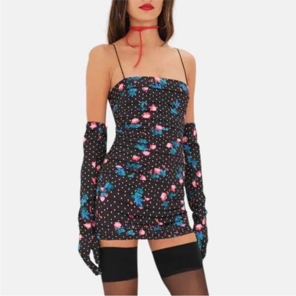 For Love & Lemons Posey Floral Polka Dot Mini Dress with Gloves Black Medium
